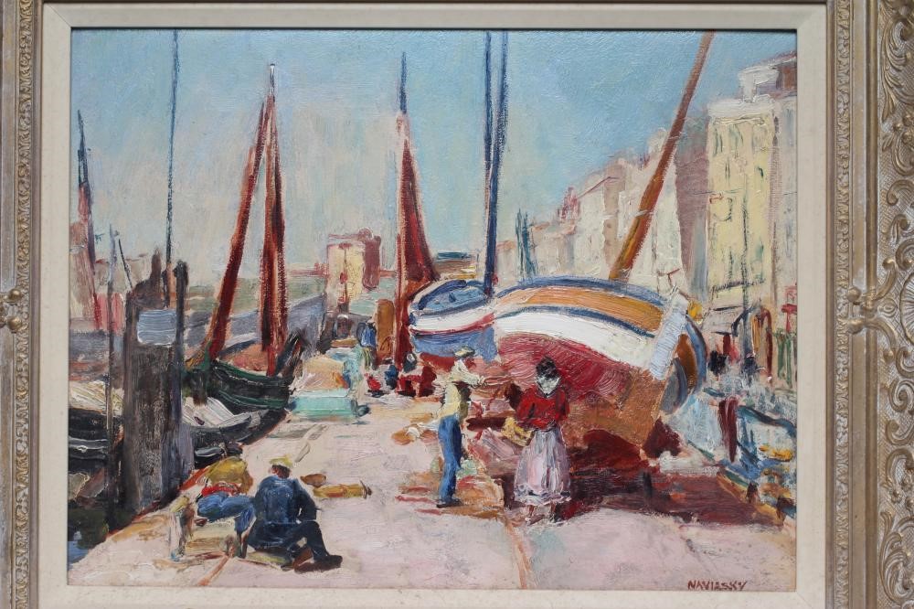 PHILIP NAVIASKY (1884-1983) French Harbour Scene, oil on board, signed, 15" x 18", gilt frame Image