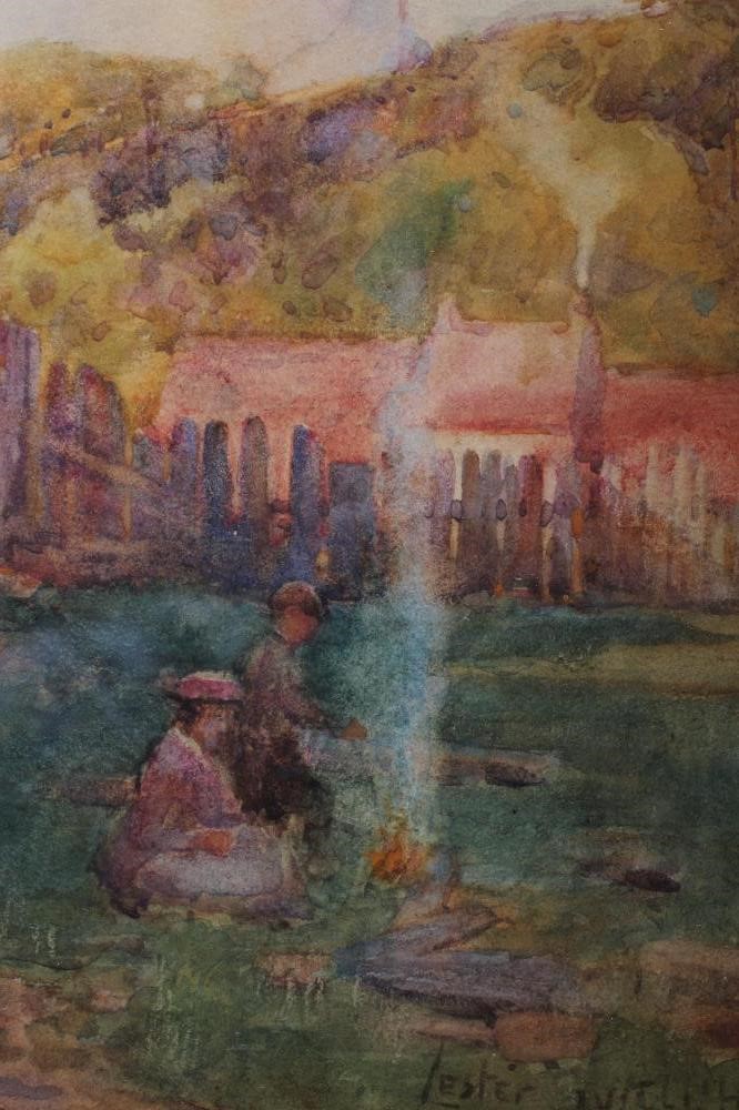 LESTER SUTCLIFFE (1848-1933) Summer Evening Camp Fire, watercolour, signed, 9" x 13", contemporary Image