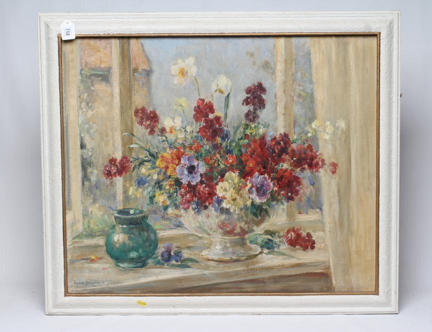 OWEN BOWEN (1873-1987) Still Life with Vase of Flowers on a Window Ledge, oil on canvas, signed, 25" Image