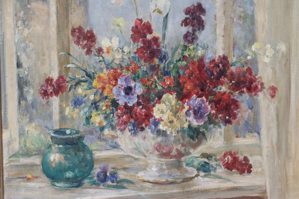 OWEN BOWEN (1873-1987) Still Life with Vase of Flowers on a Window Ledge, oil on canvas, signed, 25" Image