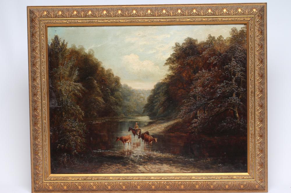 CIRCLE OF WILLIAM MELLOR (1851-1931) River Scene with Cattle Drover on Horseback, oil on canvas, Image