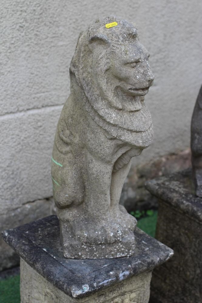 A PAIR OF CAST STONE LIONS SEJANT, raised on associated flower moulded stepped square plinth, 12" x Image
