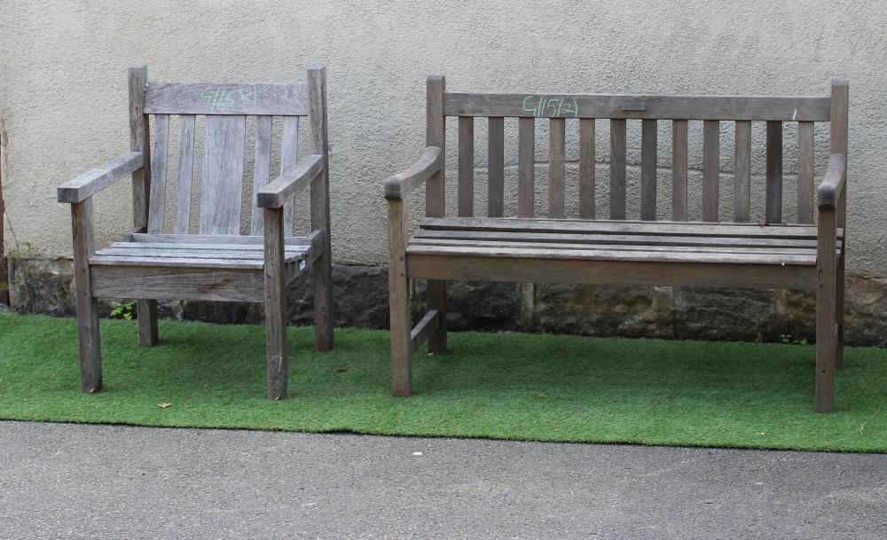 A SLATTED TEAK BENCH with straight back and square section arm suppports and feet, 48" x 18 1/2" x Image