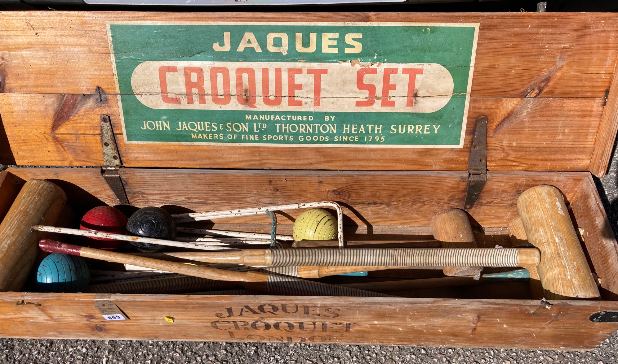 A JACQUES LONDON CROQUET SET with three ash mallets, in original box, 43 1/2" wide (Est. plus 24% Image