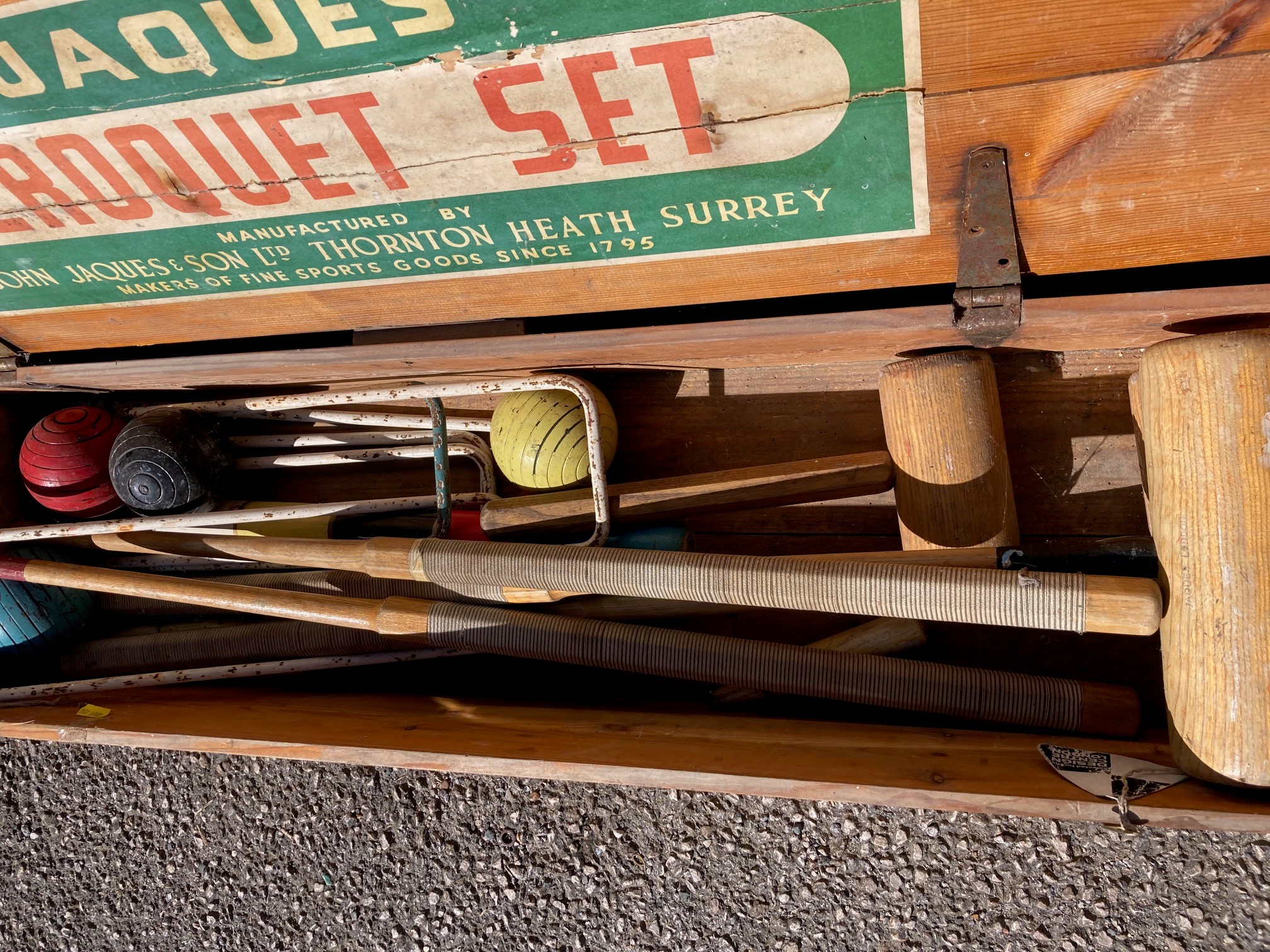 A JACQUES LONDON CROQUET SET with three ash mallets, in original box, 43 1/2" wide (Est. plus 24% Image