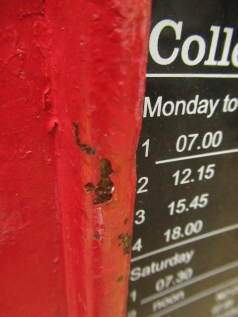 AN EDWARD VII RED CAST IRON POSTAL BOX, lamp post type, of domed oblong form inscribed "Letters Image