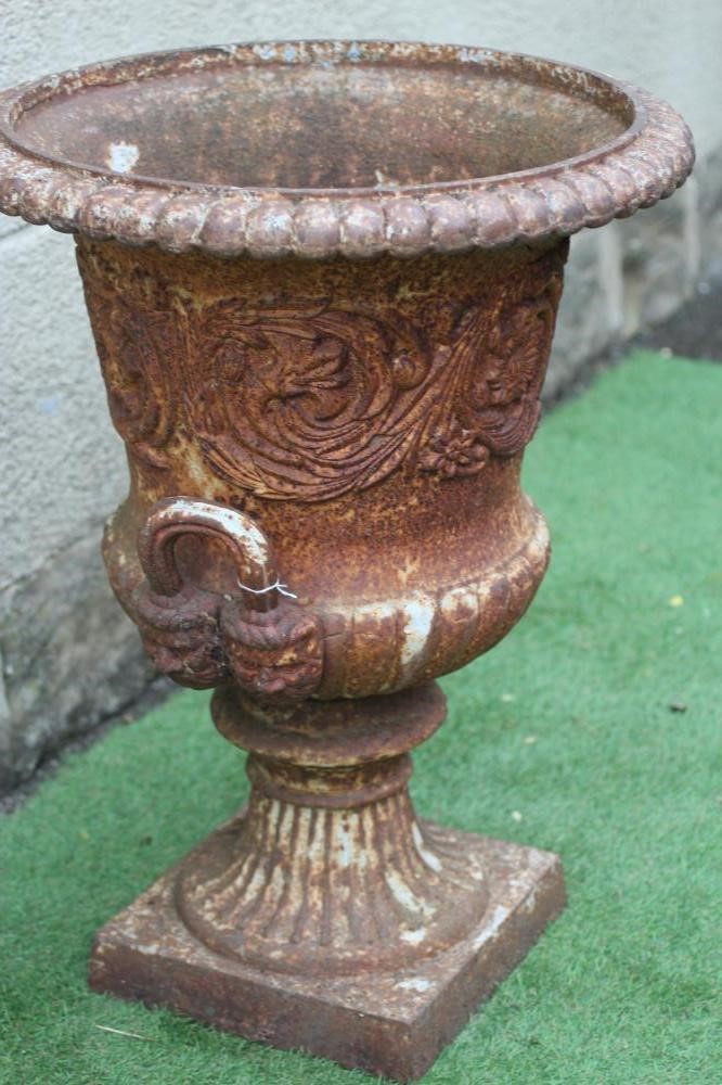 A VICTORIAN CAST IRON URN of half fluted campana form with everted ovolo moulded rim and mask loop Image