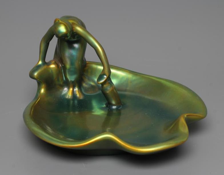 A ZSOLNAY PECS GREEN IRIDESCENT POTTERY FIGURAL DISH Image