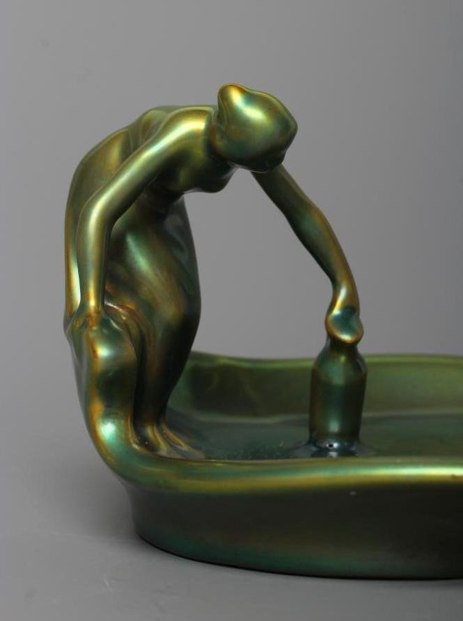 A ZSOLNAY PECS GREEN IRIDESCENT POTTERY FIGURAL DISH Image