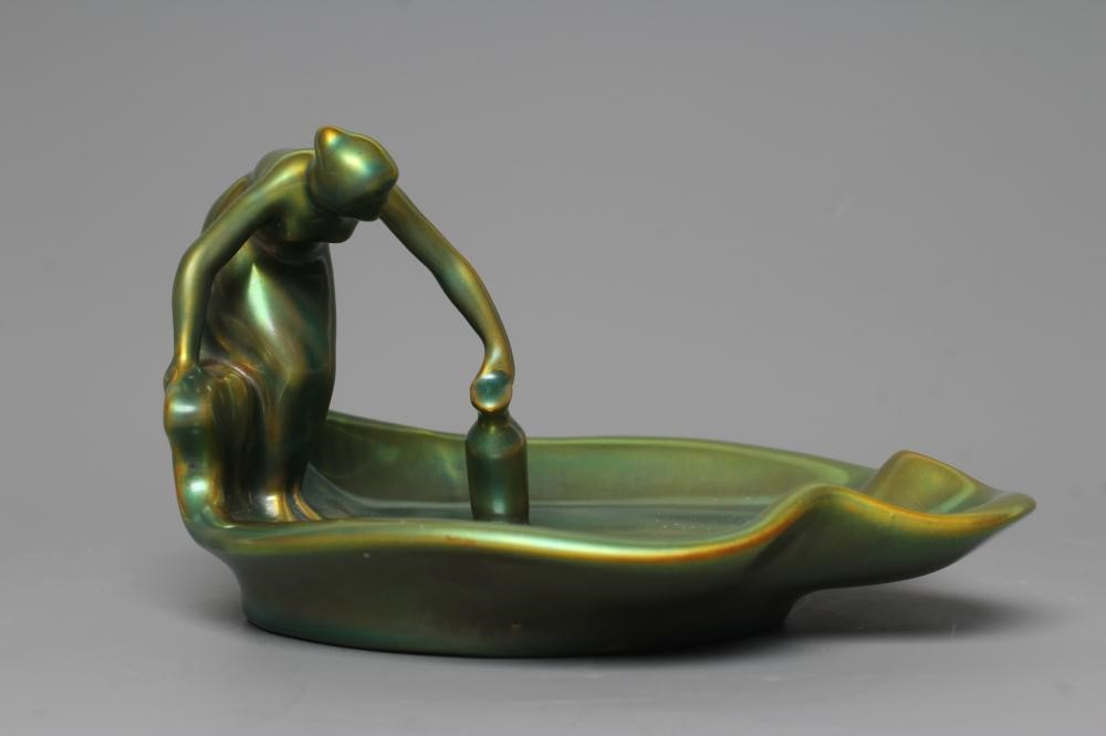 A ZSOLNAY PECS GREEN IRIDESCENT POTTERY FIGURAL DISH Image
