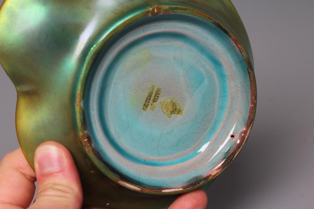 A ZSOLNAY PECS GREEN IRIDESCENT POTTERY FIGURAL DISH Image