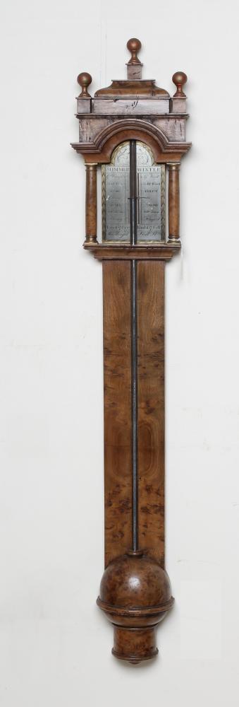 A BURR WALNUT STICK BAROMETER Image