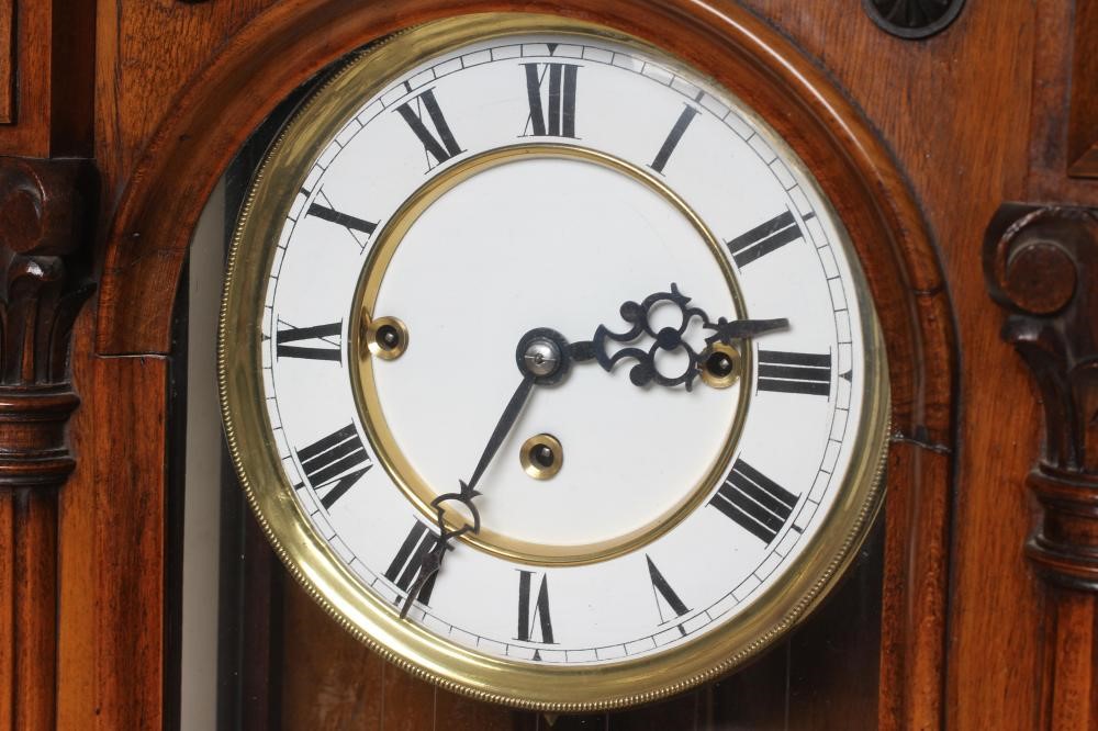 A WALNUT VIENNA TYPE WALL CLOCK Image