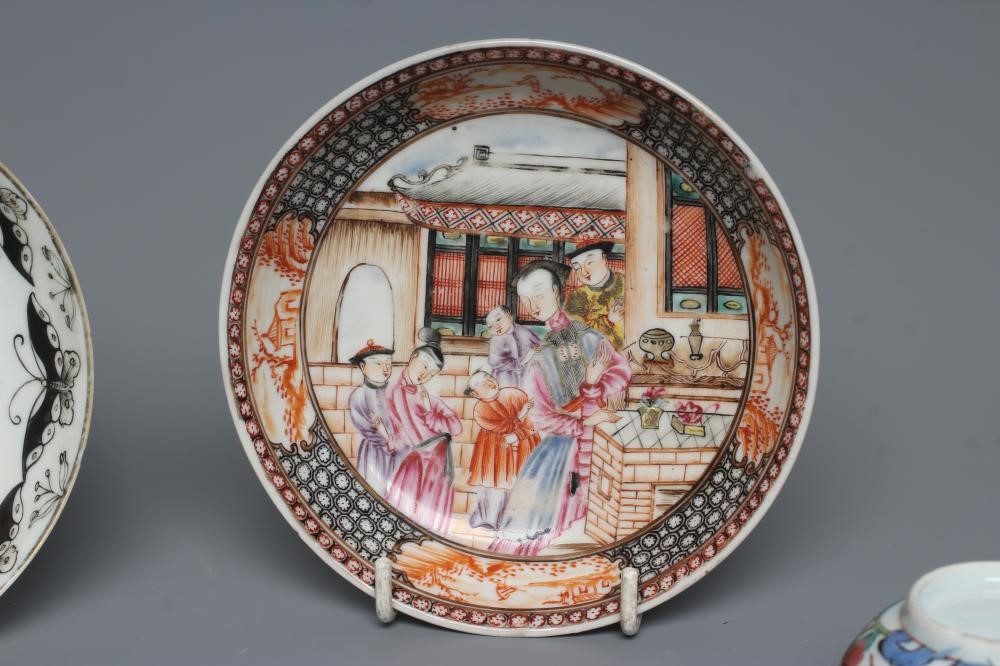 A CHINESE PORCELAIN EUROPEAN SUBJECT SAUCER painted in iron red Image