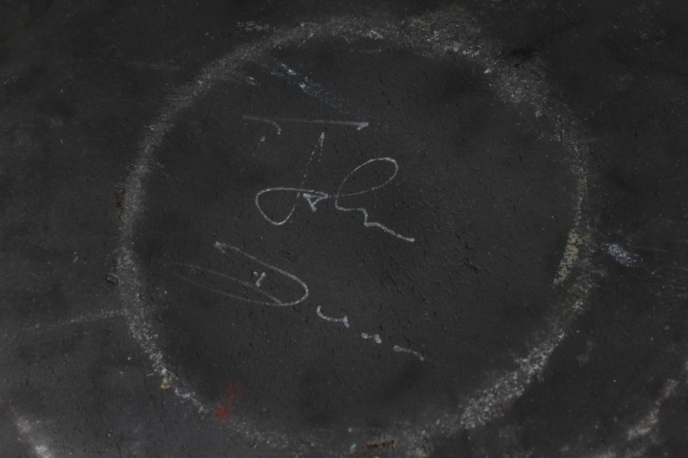 JOHN DUNN (b.1944) - a large Raku iridescent turquoise glazed stoneware circular dish, signed, 22" Image