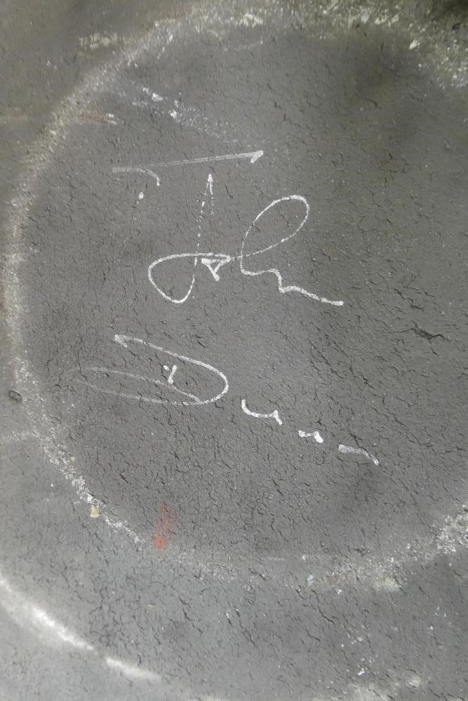 JOHN DUNN (b.1944) - a large Raku iridescent turquoise glazed stoneware circular dish, signed, 22" Image