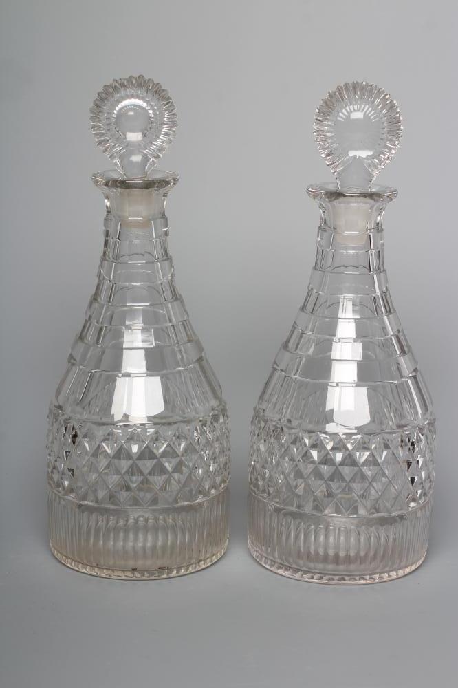 A PAIR OF TRIPLE RING NECK MALLET GLASS DECANTERS Image