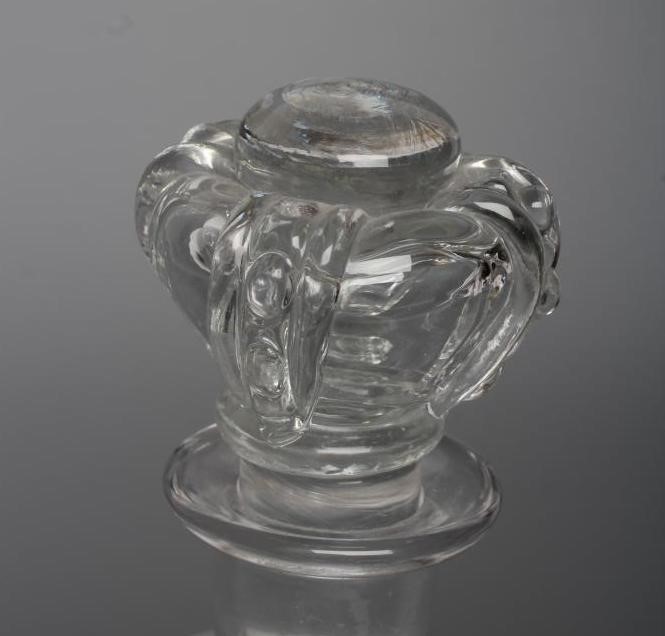 OF ROYAL INTEREST - A Stevens & Williams triangular glass decanter with crown stopper Image