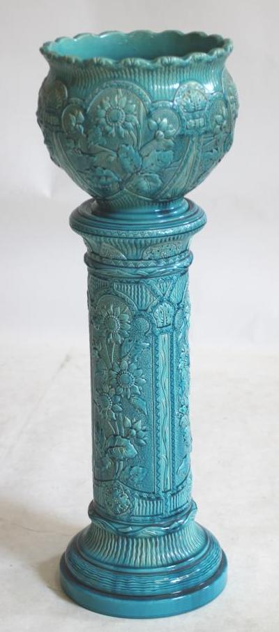 A BURMANTOFTS TURQUOISE FAIENCE JARDINIERE AND STAND Image