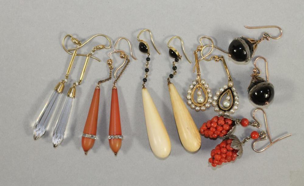 A COLLECTION OF SIX VICTORIAN AND LATER PAIRS OF PENDANT EARRINGS including 15ct gold and ivory ear Image
