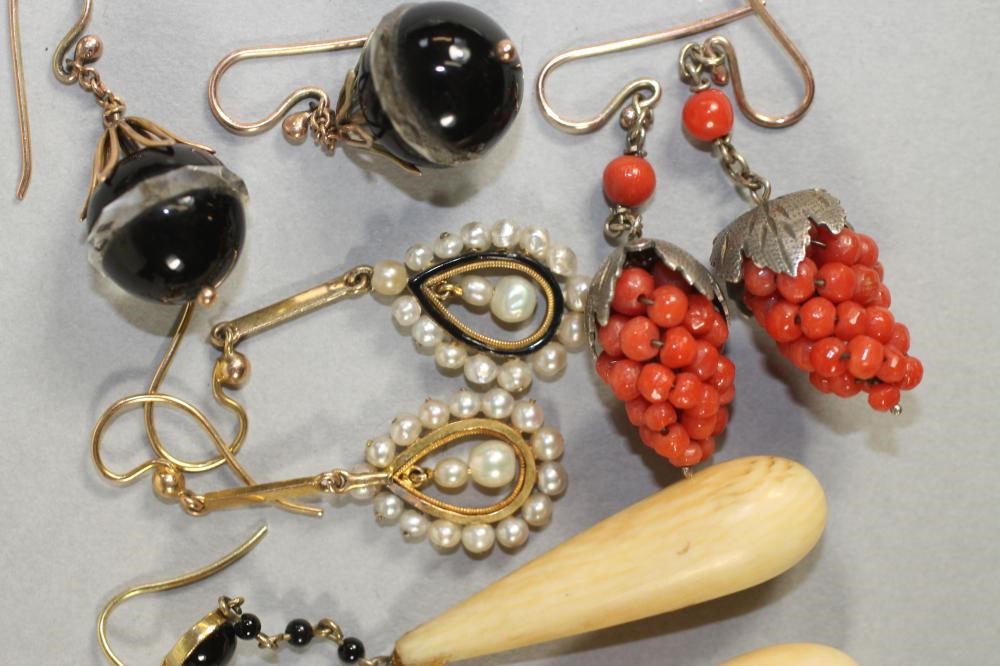 A COLLECTION OF SIX VICTORIAN AND LATER PAIRS OF PENDANT EARRINGS including 15ct gold and ivory ear Image