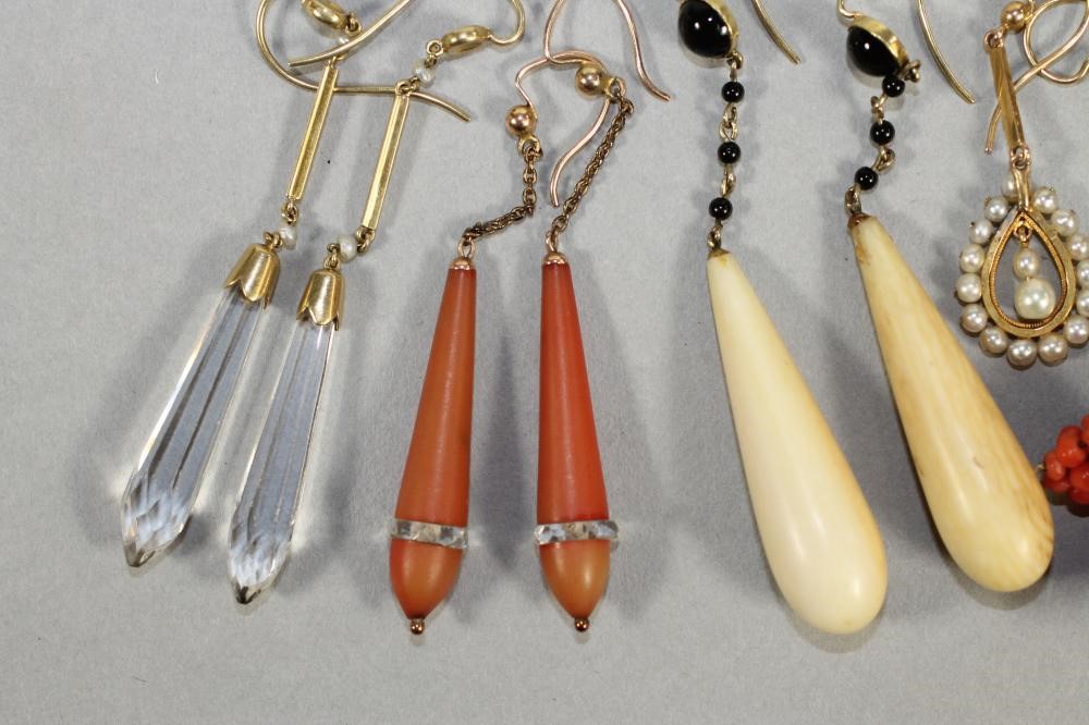 A COLLECTION OF SIX VICTORIAN AND LATER PAIRS OF PENDANT EARRINGS including 15ct gold and ivory ear Image