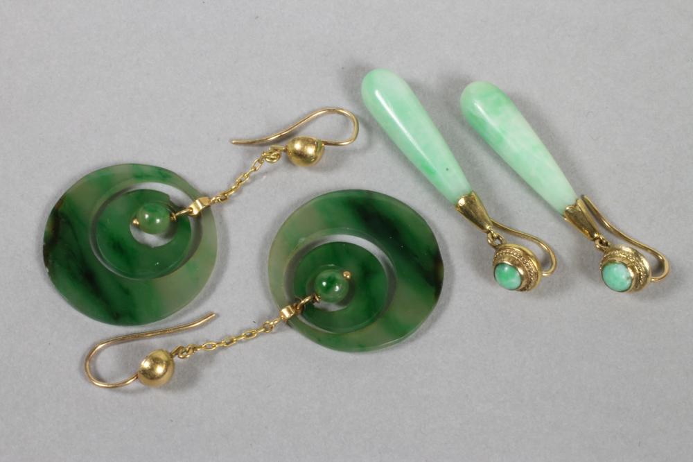 A PAIR OF GREEN HARDSTONE EAR BOBS together with a pair of jadeite pendant earrings as two Image