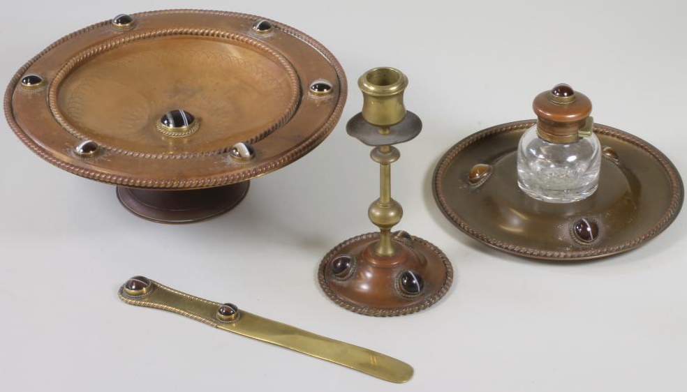 A VICTORIAN GOTHIC REVIVAL MATCHED FOUR PIECE DESK SET in copper and brass Image