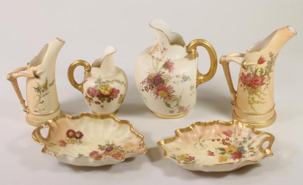 A COLLECTION OF LATE VICTORIAN ROYAL WORCESTER BLUSH IVORY PORCELAIN comprising a pair of leaf Image