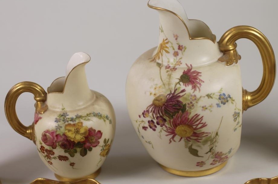A COLLECTION OF LATE VICTORIAN ROYAL WORCESTER BLUSH IVORY PORCELAIN comprising a pair of leaf Image