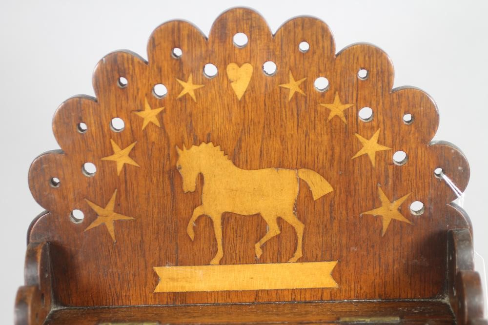 A VICTORIAN OAK CANDLE BOX of oblong form inlaid in fruitwood with birds and animals Image