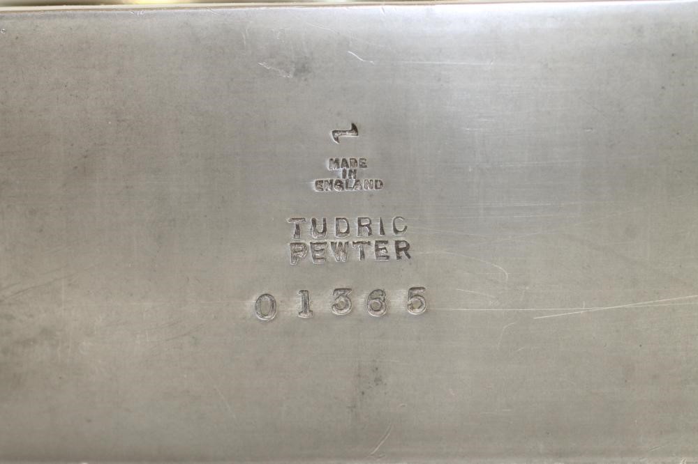 A TUDRIC PEWTER THREE PIECE MANTEL GARNITURE Image