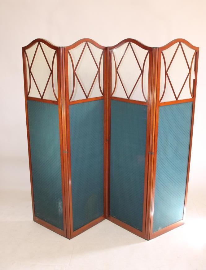 AN EDWARDIAN MAHOGANY AND PART GLAZED FOLDING ROOM SCREEN of four fold oblong form Image