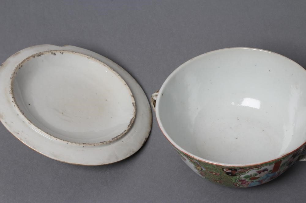 A CANTONESE PORCELAIN ECUELLE AND COVER of circular form with two entwined handles Image
