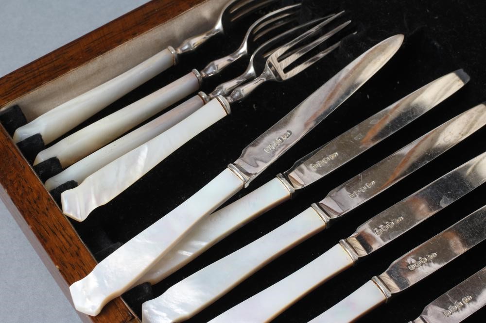AN EDWARDIAN SET OF EIGHT PAIRS OF FRUIT KNIVES AND FORKS Image