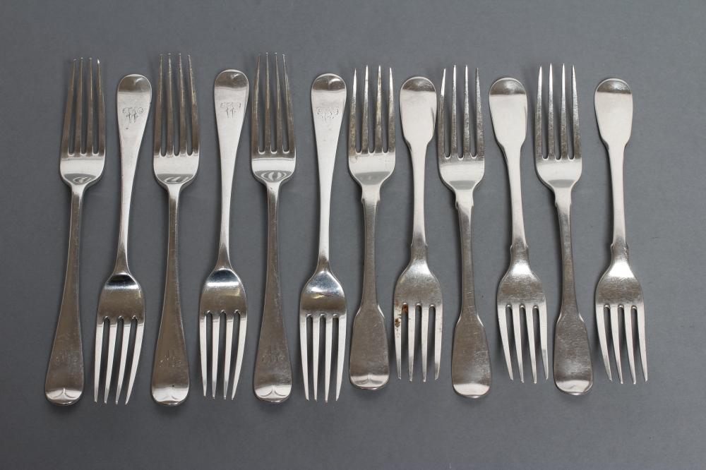 A MATCHED AND COMPOSITE SET OF SIX LATE GEORGE III DESSERT FORKS Image