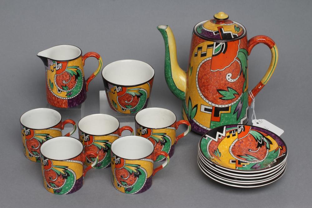 AN ART DECO WINTON POTTERY "JAZZ" COFFEE SERVICE of plain tapering cylindrical form Image