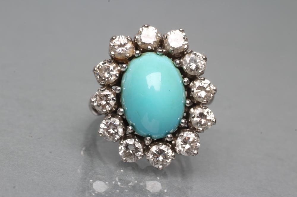 A TURQUOISE AND DIAMOND CLUSTER RING Image