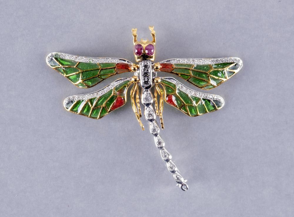 A MULTI GEM AND PLIQUE -A-JOUR DRAGONFLY BROOCH/PENDANT Image