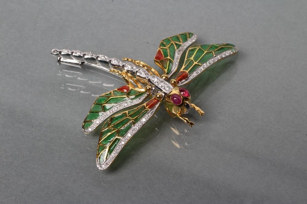 A MULTI GEM AND PLIQUE -A-JOUR DRAGONFLY BROOCH/PENDANT Image