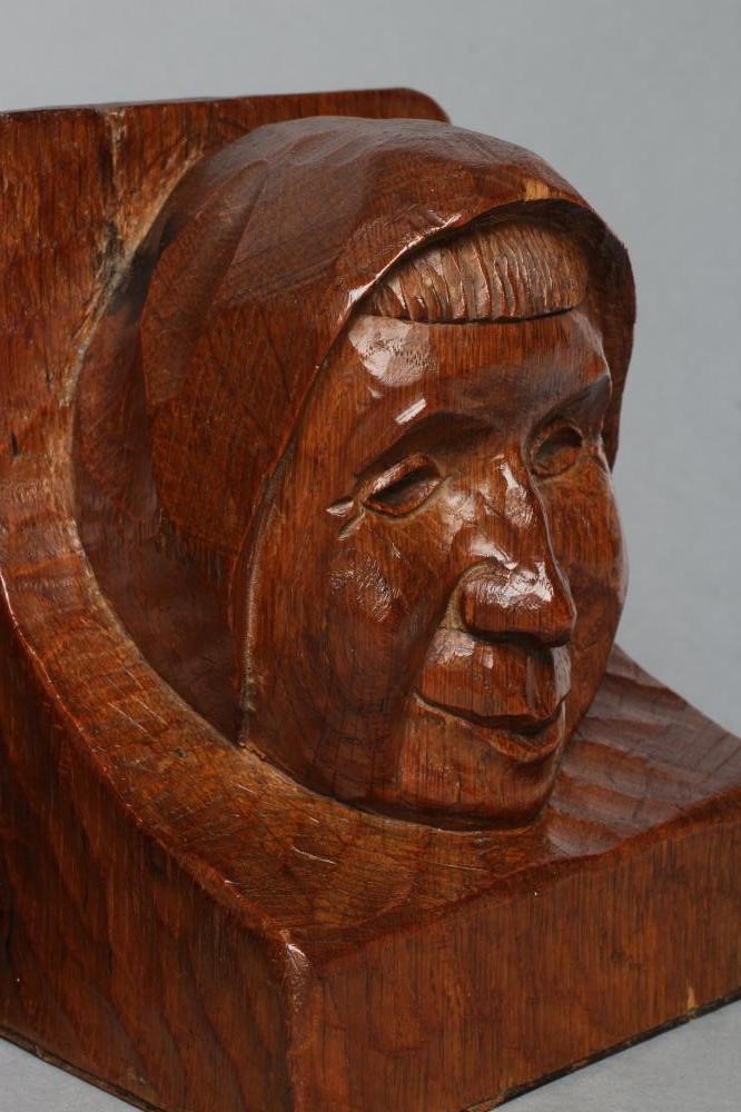 A PAIR OF THOMAS WHITTAKER OF LITTLEBECK ADZED OAK BOOK ENDS of dished oblong form Image