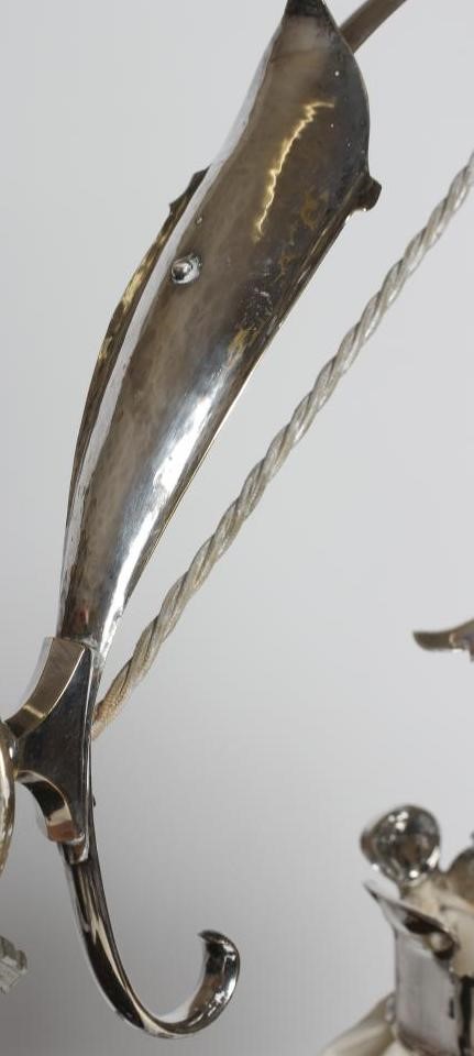 A W.A.S. BENSON & CO THREE LIGHT PLATED ON COPPER ELECTROLIER Image