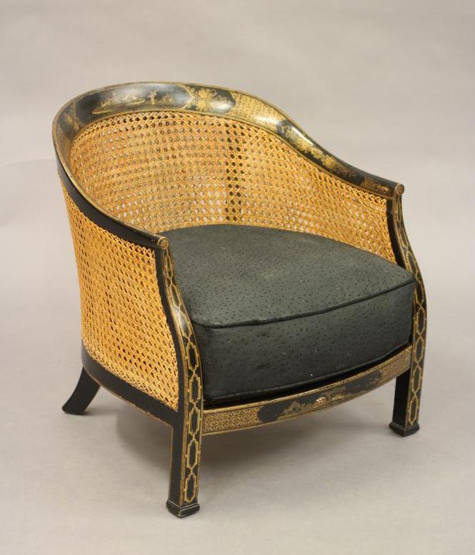 A BLACK LACQUERED CHINOISERIE TUB CHAIR Image