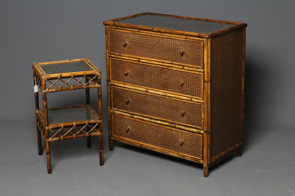 AN EDWARDIAN BAMBOO AND WICKER CHEST of four long drawers with turned wood handles and inset glass Image