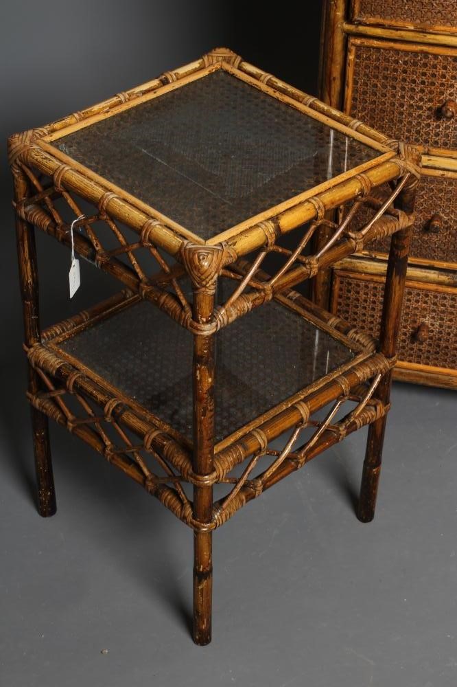 AN EDWARDIAN BAMBOO AND WICKER CHEST of four long drawers with turned wood handles and inset glass Image