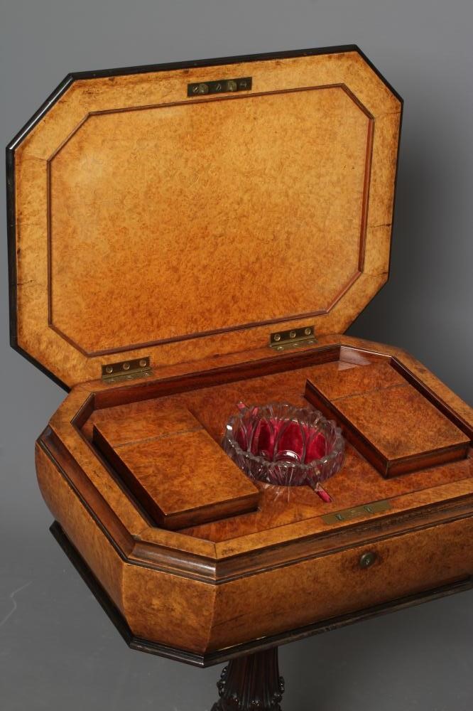 A FINE MAHOGANY AND BURR AMBOYNA TEAPOY Image