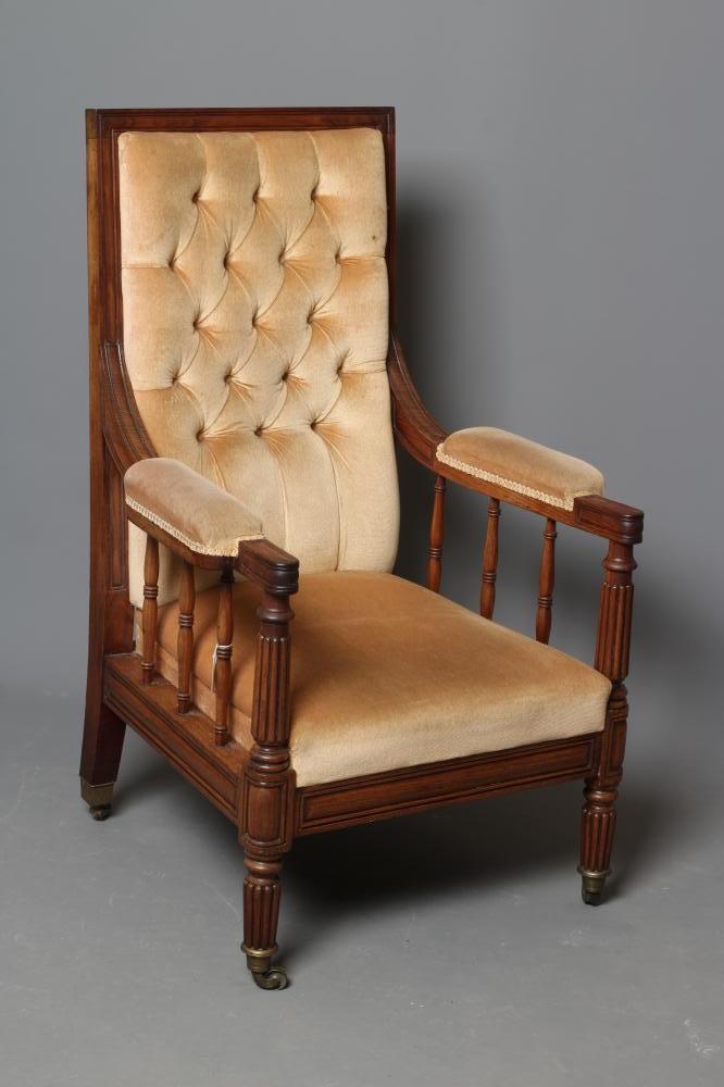 A GENTLEMAN'S GEORGE IV MAHOGANY SHOW FRAME ARMCHAIR button upholstered in champagne dralon Image