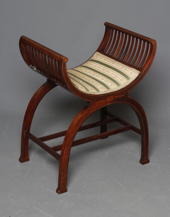 AN EDWARDIAN X FRAMED MAHOGANY DRESSING STOOL WITH MARQUETRY and stringing Image