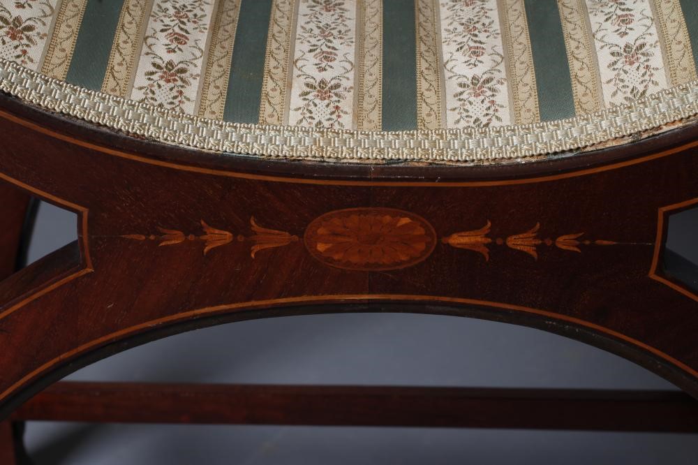 AN EDWARDIAN X FRAMED MAHOGANY DRESSING STOOL WITH MARQUETRY and stringing Image