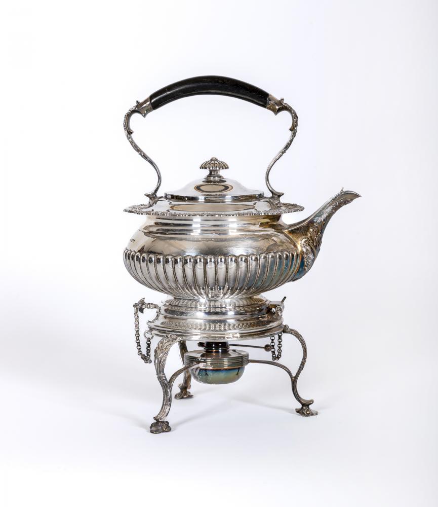 AN EDWARDIAN SILVER SPIRIT KETTLE ON STAND WITH BURNER Image